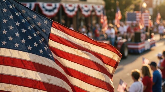 A waving american flag at a community parade celebrating the national holiday of veteran day with patriotic crowds