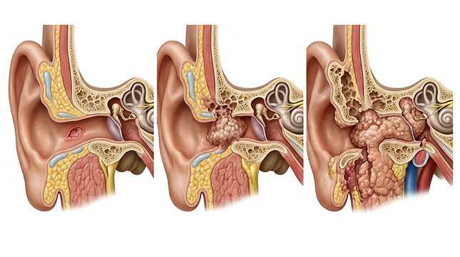 Medical illustration showing three sequential stages of growth progression in the human ear and temporal bone, depicting the expansion of a mass from the ear canal into surrounding tissues