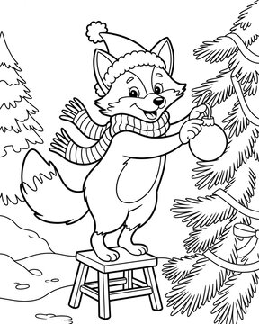 Festive Fox Decorating Christmas Tree in Coloring Book Art