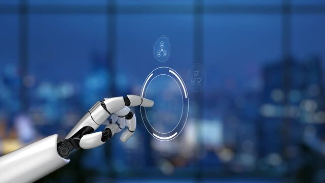 A robotic hand interacts with a digital button labeled "Agile" in a sleek office setting, symbolizing innovation and the future of technology in business environments. Synapse
