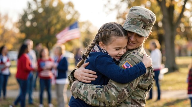 A heartwarming reunion between a young girl and her soldier parent during a patriotic veteran day celebration event
