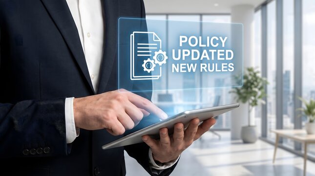 Navigating modern business a professional reviewing updated policy guidelines on a tablet ensuring compliance and strategic decision making in a corporate environment