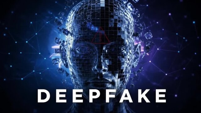 Digital mosaic humanoid head warns about malicious cyber deception in this glowing neon motion video footage
