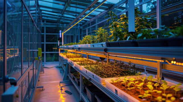 High-Tech Biotechnology Lab with Rows of Bioluminescent Plants