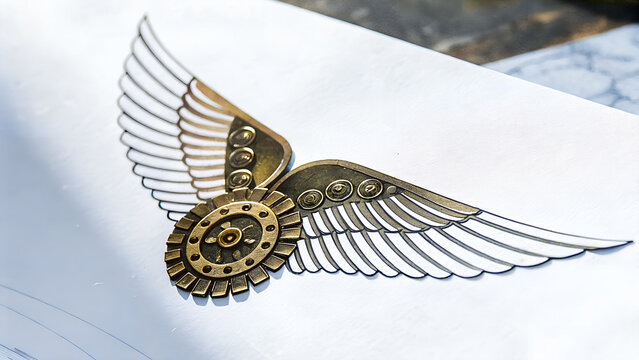 Vintage steampunk mechanical wing emblem with gear wheels on white background isolated.