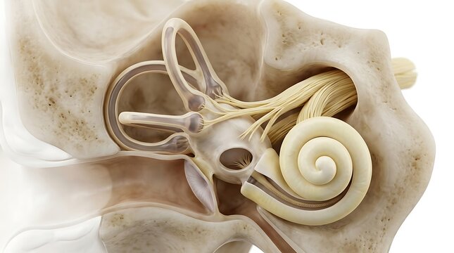 Detailed anatomical view of the human inner ear embedded within the temporal bone, showcasing the cochlea, semicircular canals, and auditory nerves in a professional medical render for healthcare.