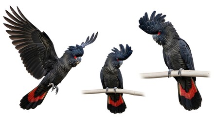 Fototapeta premium Cockatoo set, three black cockatoos with striking red tail feathers