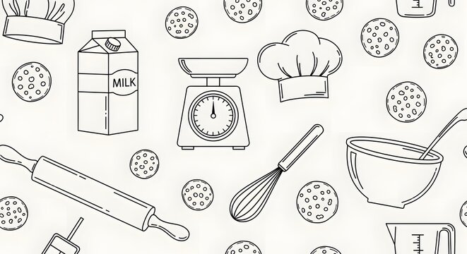 Culinary icons set outline pattern with kitchen utensils and sweets