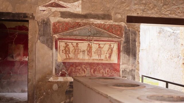 Ancient roman fast food restaurant thermopolium of pompeii with well preserved frescoes and amphorae during sunny day, slow motion footage.