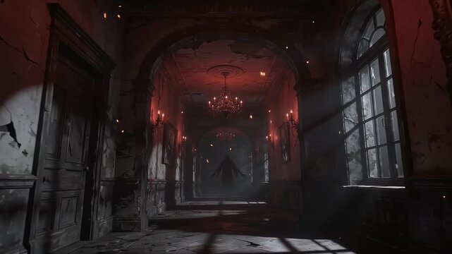 Terrifying Red Haunted Mansion Hallway with Monster Spirit