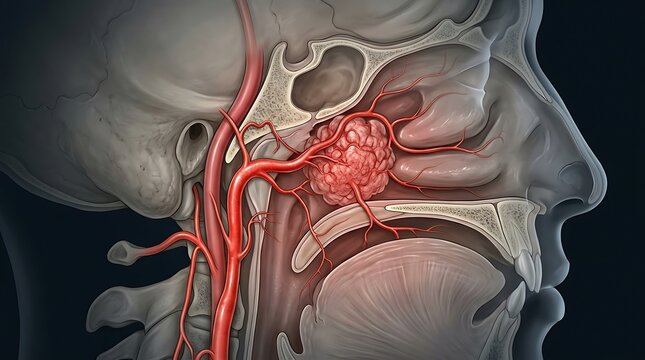 Detailed anatomical 3D illustration of a human head profile showing red arterial blood vessels supplying a fleshy tumor mass in the nasal cavity with a semi transparent skull for medical study