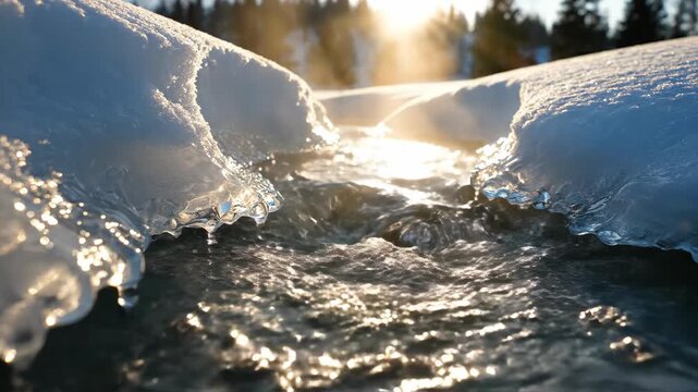 Golden sunlight reflects on flowing water between snow and ice