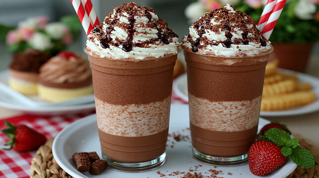 Two chocolate mocha frappes with whipped cream and chocolate sauce in glass cups
