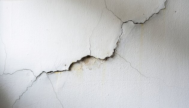 Close-up of a cracked interior wall with long irregular cracks spreading across white plaster.