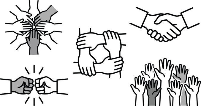 Teamwork and unity hands icon set with handshake fist bump and diverse multiethnic cooperation