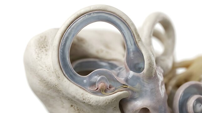 Close-up 3D medical illustration of the human semicircular canal showing the internal sensory apparatus and ampulla responsible for maintaining equilibrium and balance in the inner ear