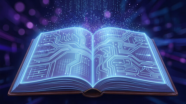 Open book revealing glowing electronic circuitry and futuristic connections that represent the deep learning process of artificial intelligence and advanced knowledge storage for digital