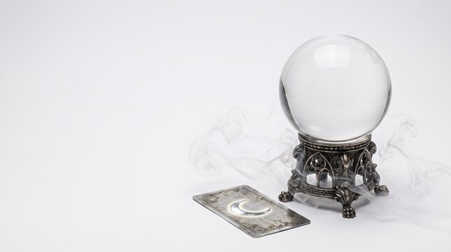 Crystal Ball Fortune Telling Prophetic Sphere with Tarot Card and Whimsical Smoke Elements for Mystical Divination and Esoteric Spiritual Rituals
