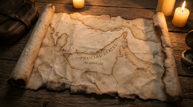 Antique UAE map printed on aged parchment, featuring sepia tones, historical cartographic details, and vintage texture for heritage, exploration, geography, and history concepts.