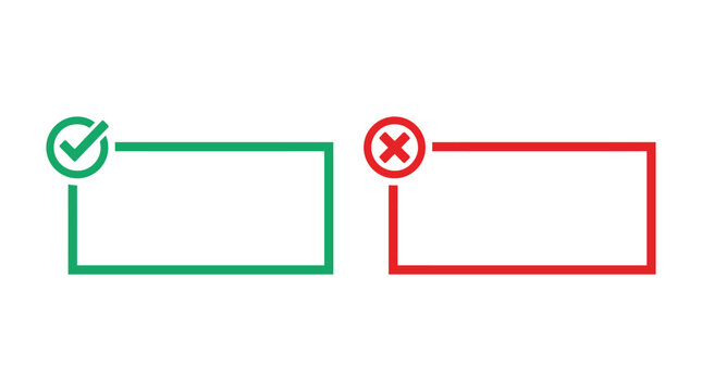 Rectangular boxes featuring check mark and cross mark icons presented as a clean minimalist vector graphic illustration for interface design