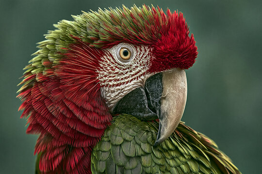 Detailed portrait of a colorful macaw parrot with bright red and green feathers