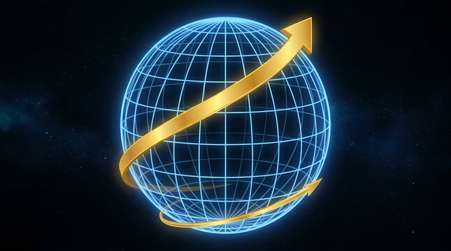 Glowing blue grid sphere representing global connectivity with a golden arrow orbiting the planet as a symbol of international business growth and financial market development for future economy