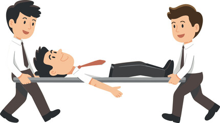 Obraz premium Business Emergency Rescue, Injured Man Carried on Stretcher by Colleagues Vector Illustration for Workplace Accident Concept