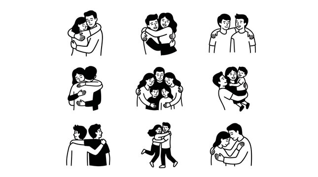 Diverse group of people shares heartwarming moments and friendly hugs depicted in a stylistic set of minimalist black and white character.