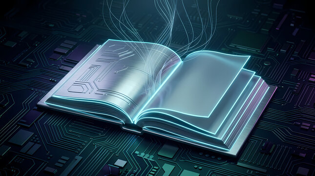 Open book emitting glowing data streams atop a complex motherboard showing how knowledge merges with advanced computing technology to form a vision of the future where learning becomes purely