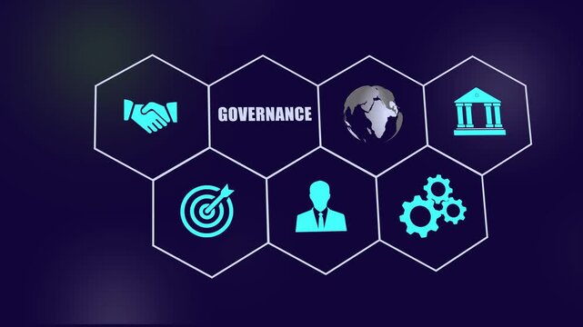Corporate governance concept infographic with animated hexagonal representing business strategy, global leadership, organizational structure, networking, and operational efficiency systems