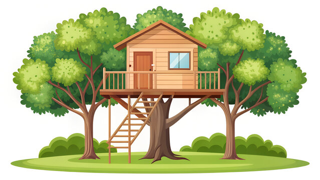 Wooden treehouse for children with ladder isolated on white transparent background file.