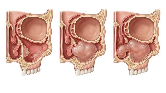 Three comparative anatomical views of nasal polyp growth and recurrence in the human nasal cavity, showing progression from early stage to advanced blockage in coronal cross section renders.