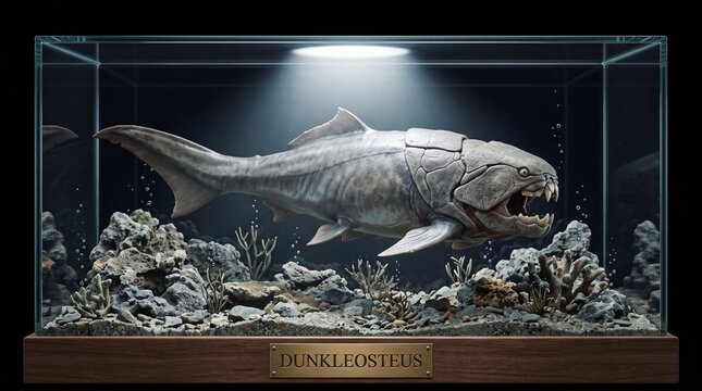 Prehistoric Dunkleosteus Armored Fish Model Inside Museum Glass Display Terrarium Showcase