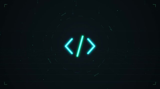 Coding symbol icon glowing neon on dark technology background