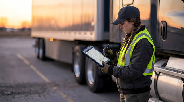 Professional female logistics coordinator checks shipping manifest digital tablet during sunset hours while standing beside massive commercial freight haulage semi truck parked within outdoor