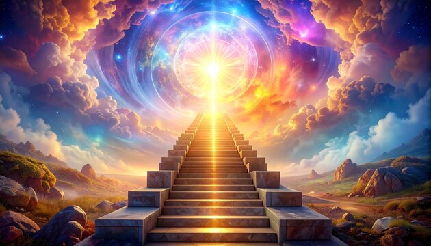 光へ続く黄金の階段：精神的な悟りと癒しの風景