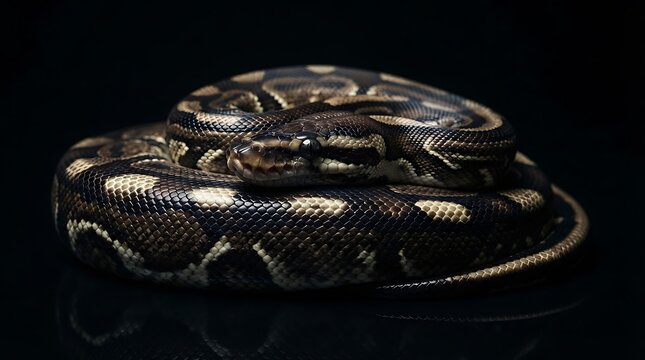 Close-up of a coiled python snake in low-light studio setting for wildlife photography.