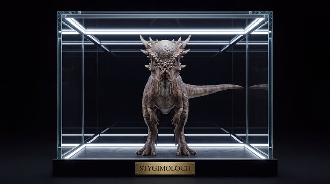 Stygimoloch Dinosaur Specimen Displayed in a Modern Illuminated Glass Museum Case on a Dark Background