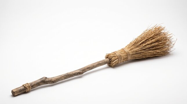 A rustic, handmade broomstick with a wooden handle and straw bristles, evoking a vintage Halloween aesthetic and witchcraft themes