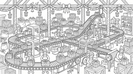 Fototapeta premium Santa workshop conveyor belt assembly line with elves wrapping gifts coloring page stock illustration—featuring intricate black and white line art of toy factory, packing presents, gear machinery, fes