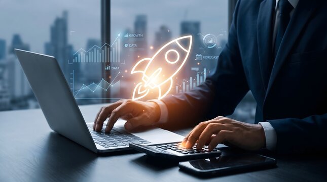 Digital transformation and innovation launching new ventures with technology data analytics and strategic business solutions in a modern urban environment