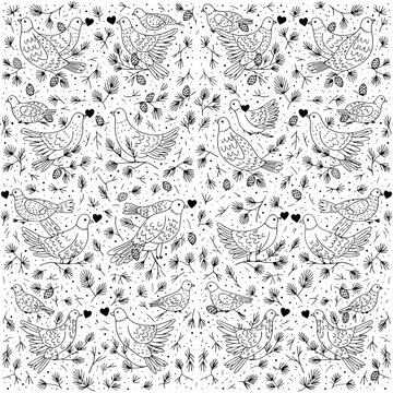 Decorative love birds and floral motifs create a charming black and white seamless pattern illustration.