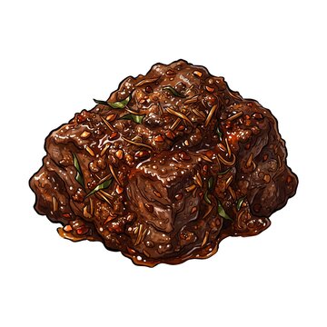 Rich cartoon illustration of Indonesian beef rendang featuring tender beef chunks coated in a dark caramelized coconut and spice sauce.