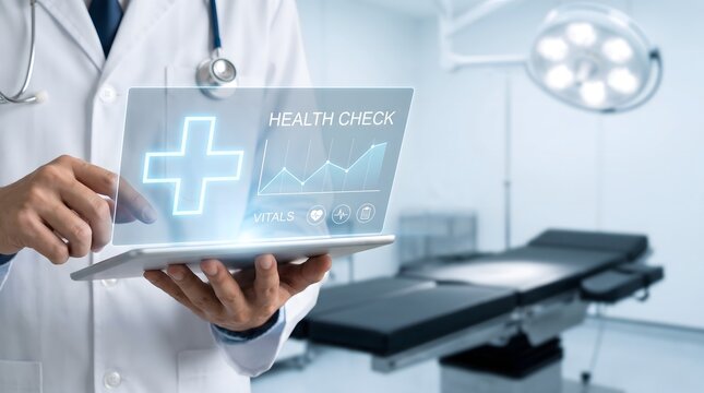 A healthcare professional utilizes advanced digital technology reviewing patient data on a tablet representing the future of modern medicine and diagnostics