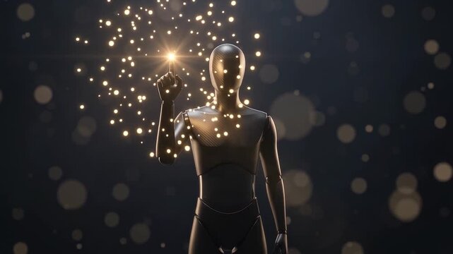 Abstract Humanoid Artificial Intelligence Figure Connecting with Glowing Digital Particles