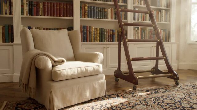 Cozy Classic Home Library Interior Sunlight Empty Armchair Bookshelves