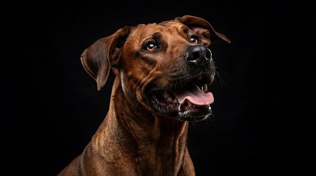 Powerful brown dog panting with tongue out, striking portrait against black background