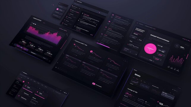 Dark mode saas interface with glowing neon pink highlights displaying charts and data on multiple screens