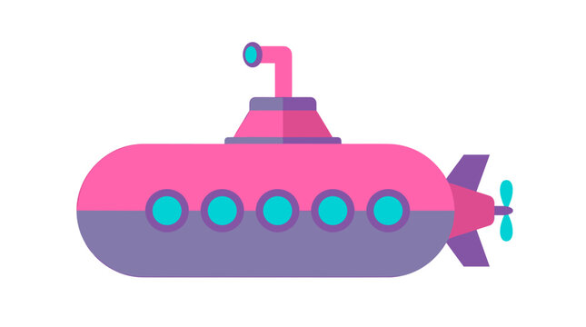 Flat design cartoon submarine with periscope and propeller, pink and purple, simple nautical