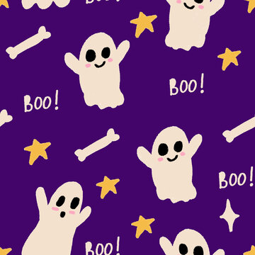 Cute Halloween ghost pattern with stars and bones on purple